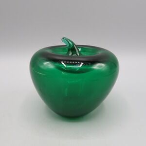 Vintage Emerald Green Hand Blown Apple Paperweight 2.5" Art Glass MCM